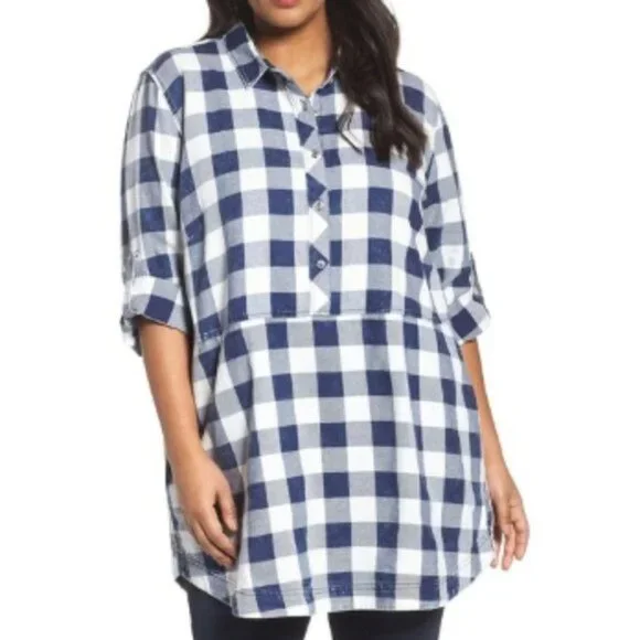 Caslon Green‎ White Large Check Cotton Flannel Tunic Roll Tab Sleeves Size Small - Picture 2 of 11